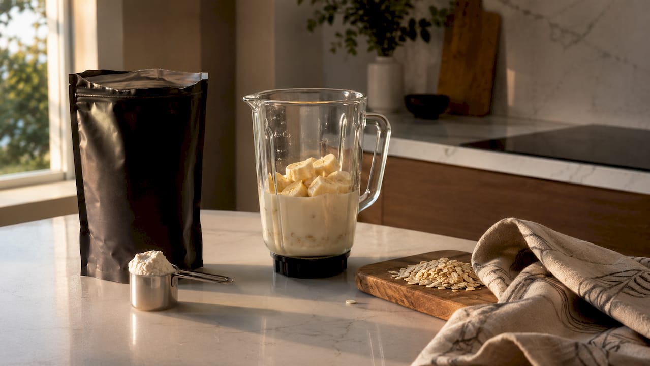 Whey isolate protein powder and shake ingredients on kitchen counter