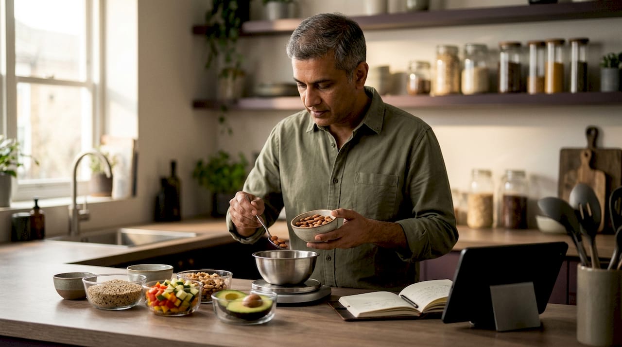 Hands weighing nuts for fitness nutrition tracking