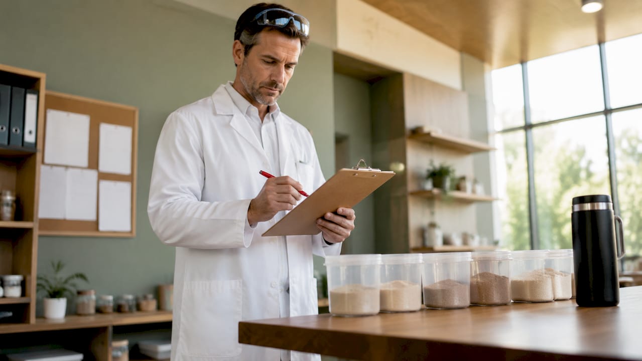 Quality manager inspecting supplement batch documents