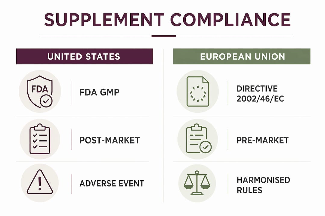 Infographic comparing US and EU supplement compliance