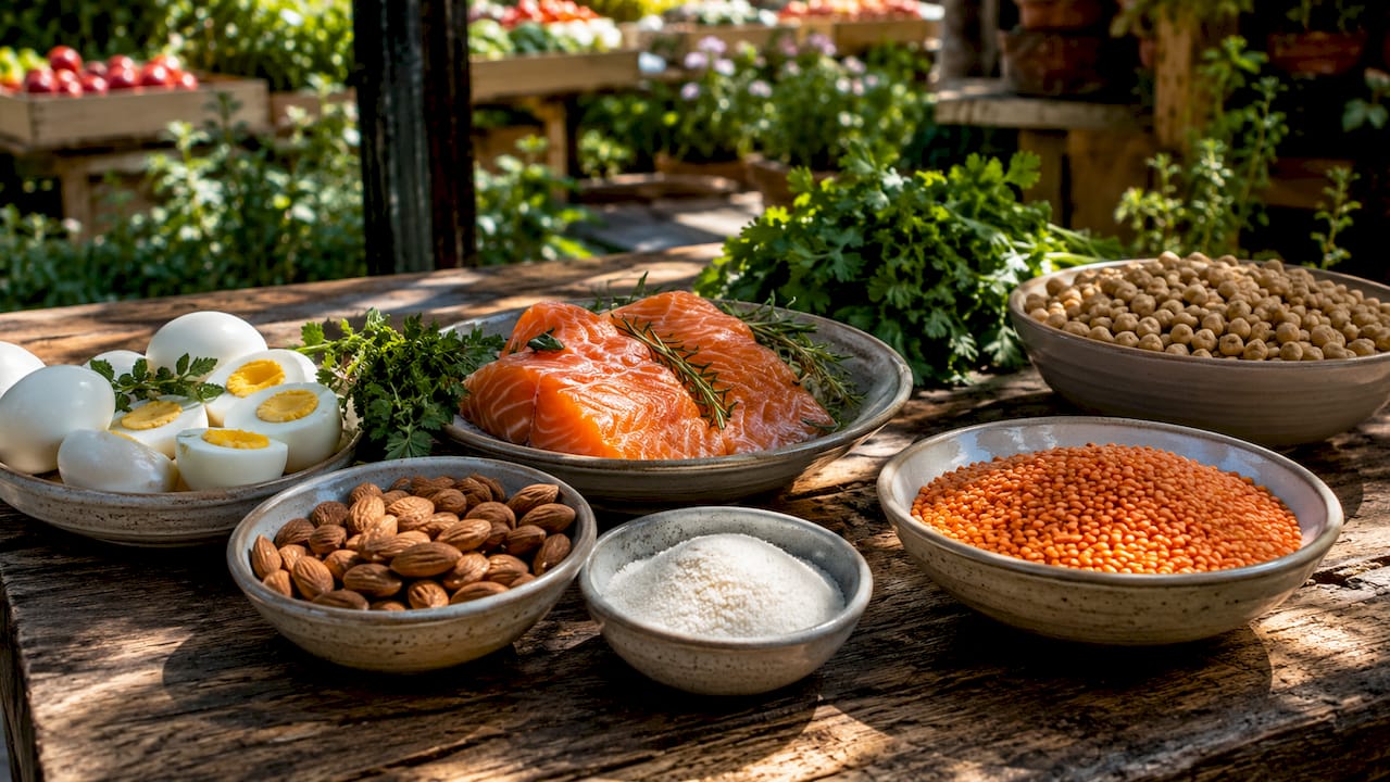 Overhead view of protein foods for beauty