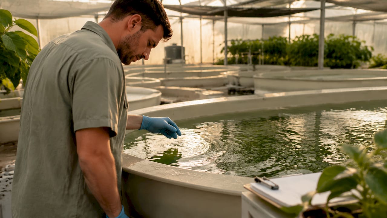 Overhead view of Spirulina cultivation raceway