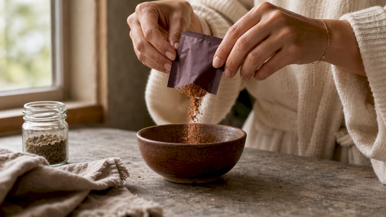 Close-up hands opening nutritional sachet over bowl