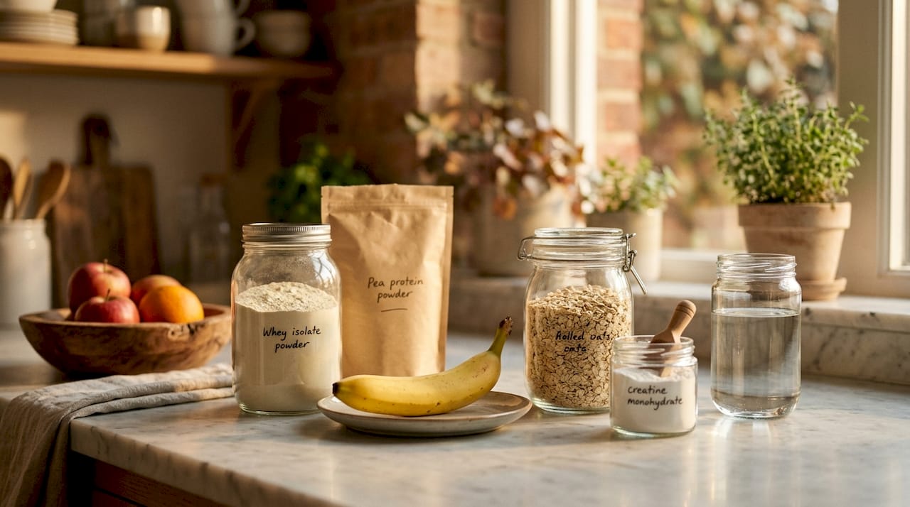 Protein shake ingredients arranged on rustic table