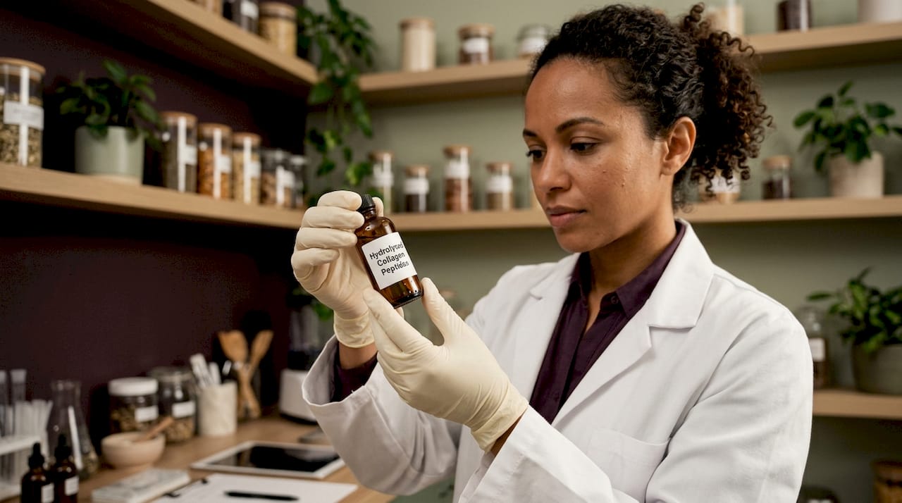 Scientist holding hydrolysed collagen vial