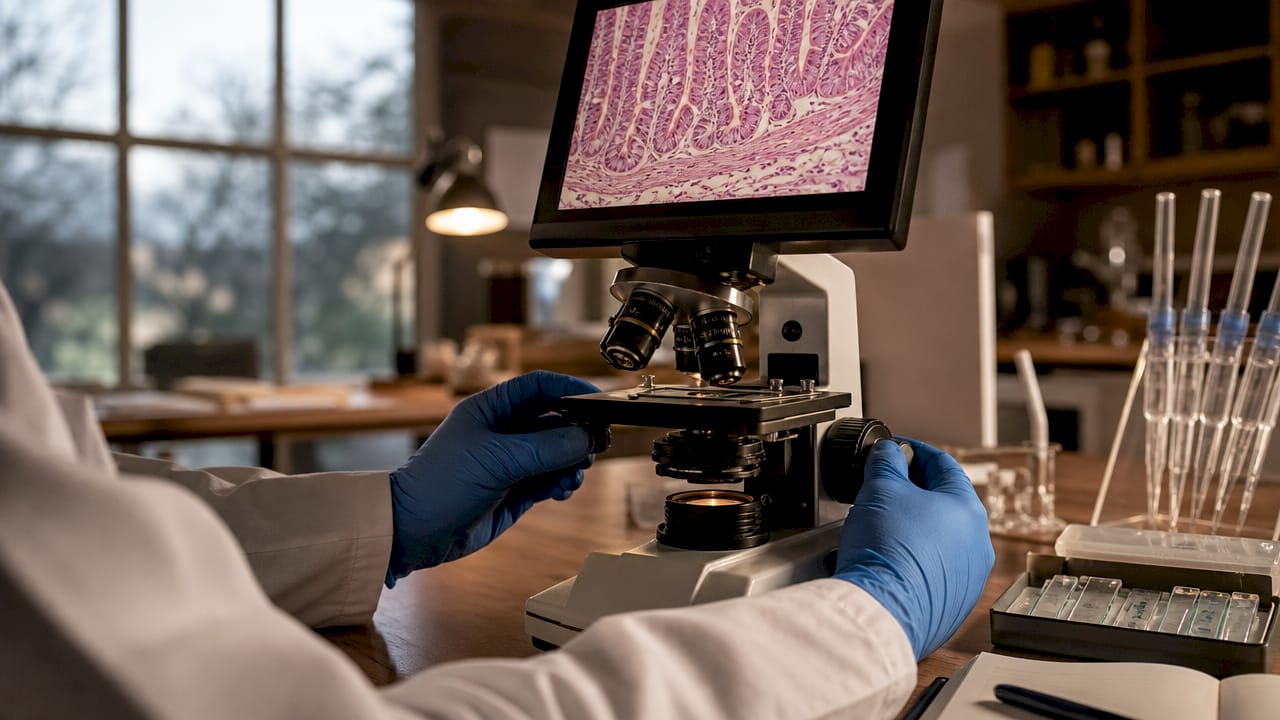 Close-up view of intestinal lining under microscope