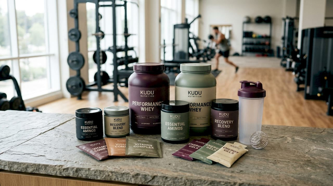 Variety of athletic supplements on gym countertop
