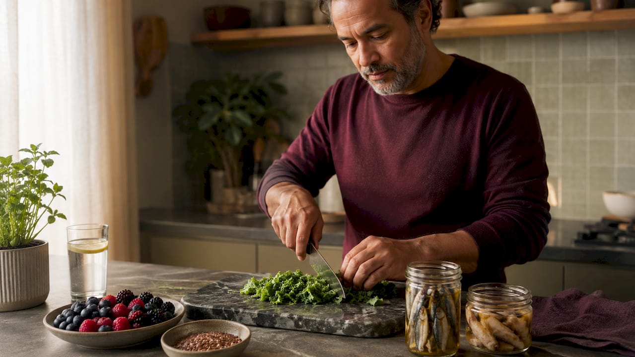 Man preparing anti-aging nutritious meal in kitchen