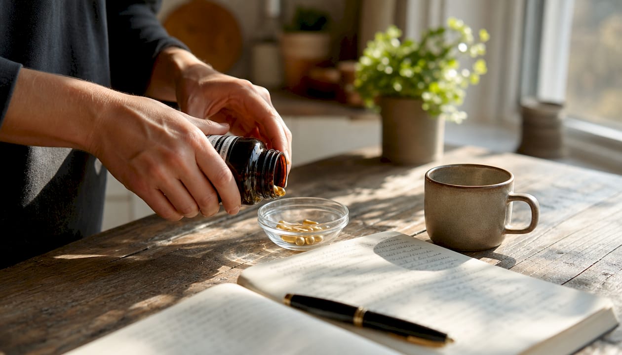 Hands measuring vitamin D supplements and journal