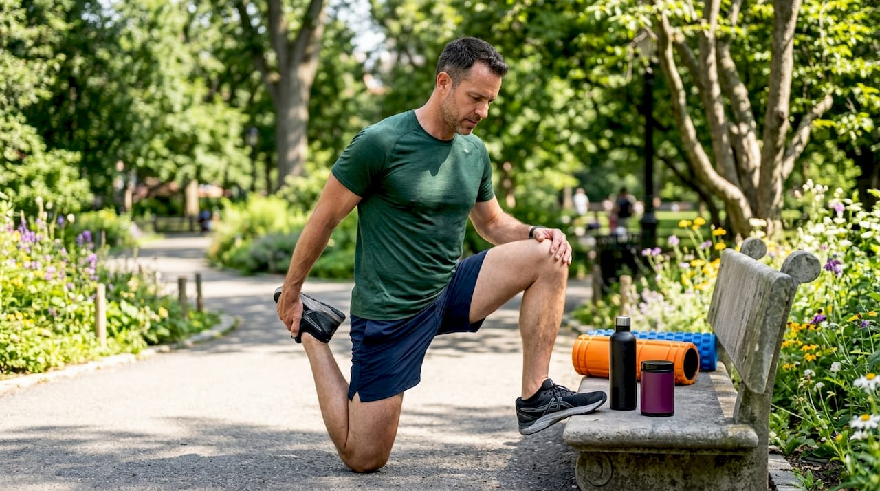 Man stretching outdoors with collagen supplement nearby