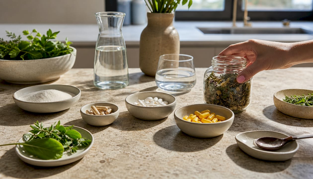 Close shot of beauty supplement ingredients on table
