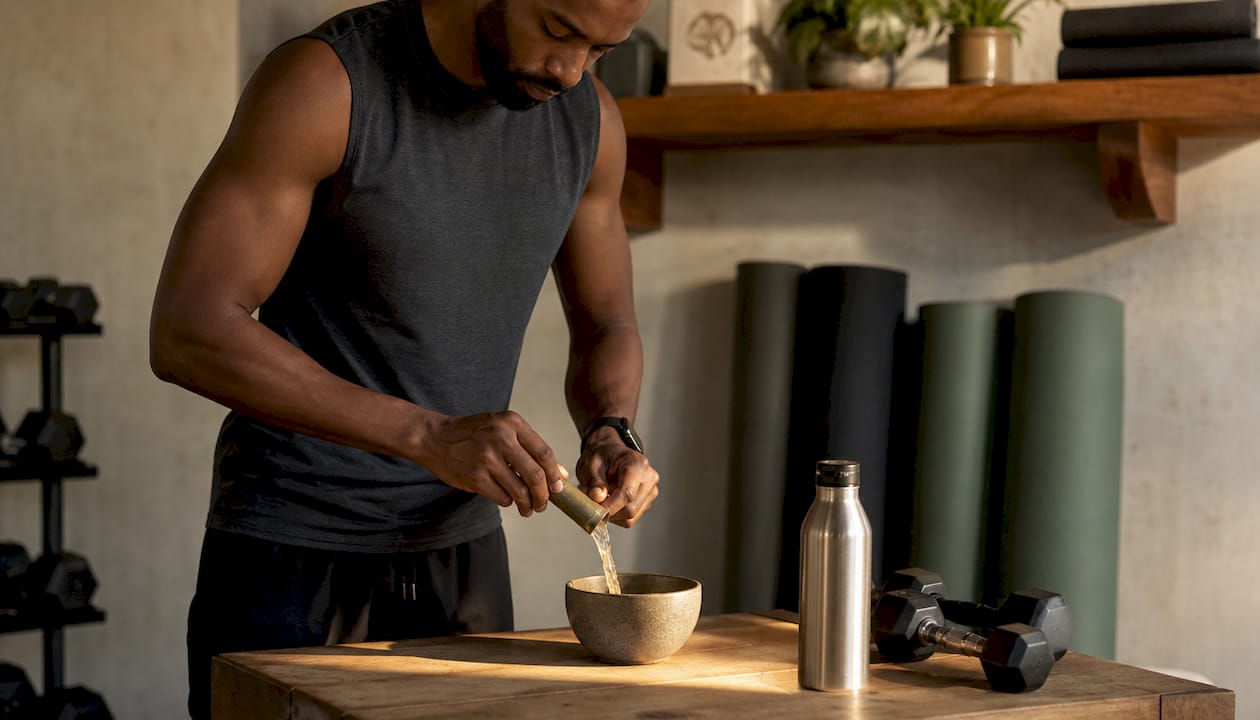 Hands mixing collagen protein post-workout