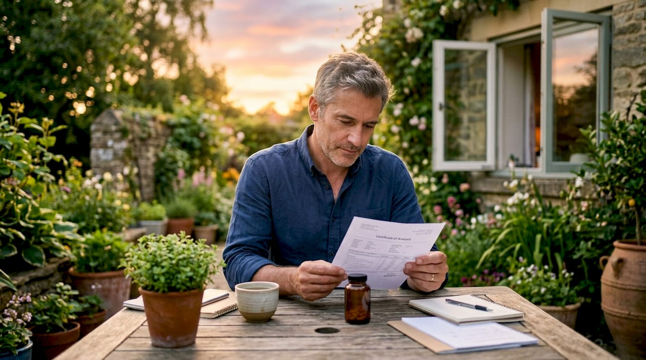 Consumer reviewing supplement certificate at home