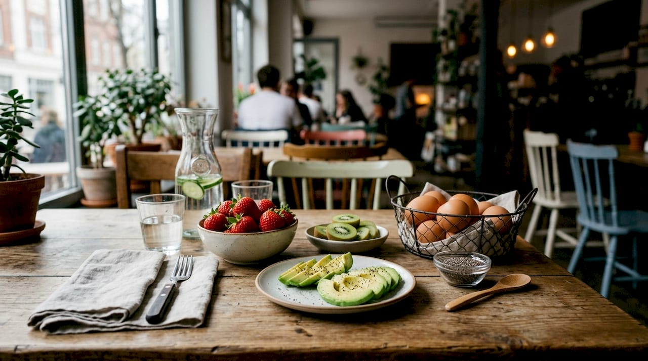 Variety of skin-friendly nutrient-rich foods on table