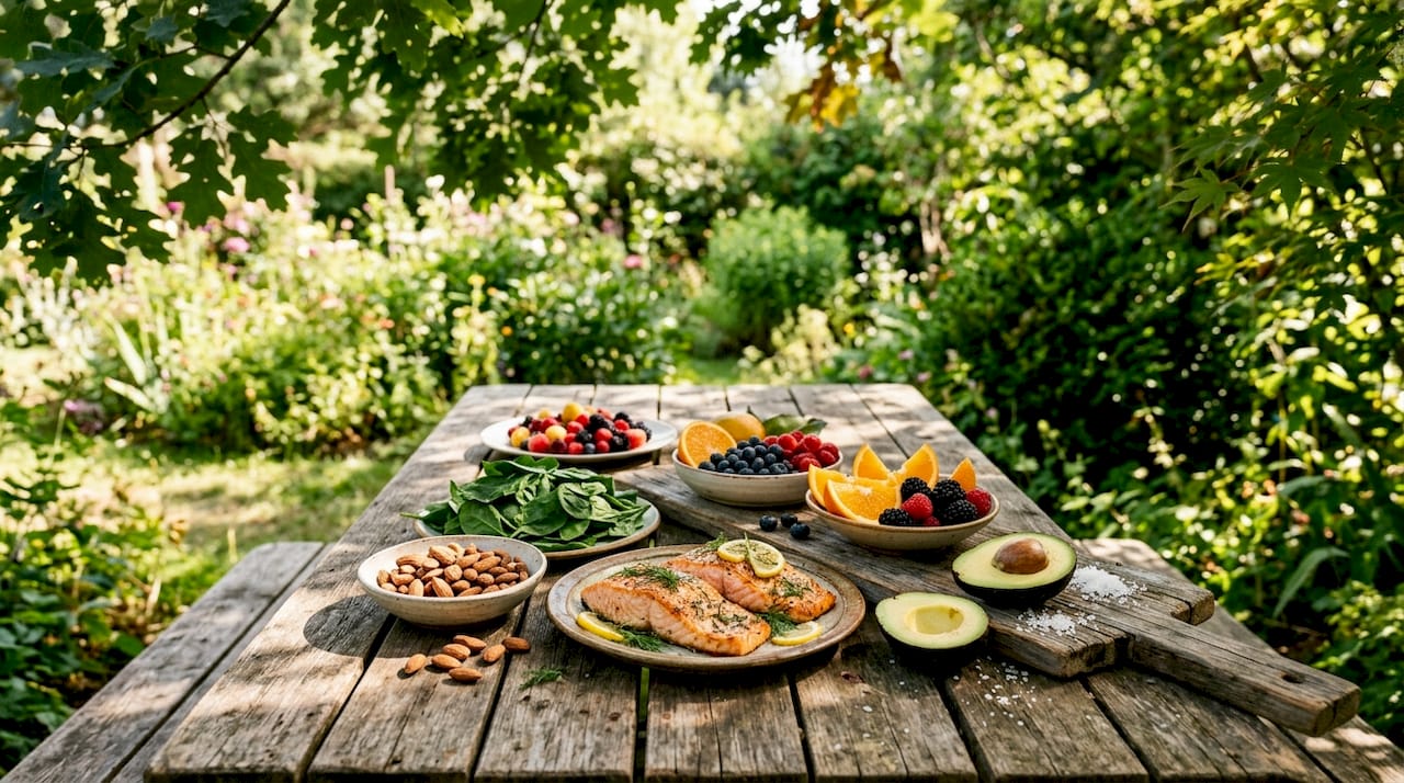Overhead view of joint-healthy gluten-free foods on wooden table