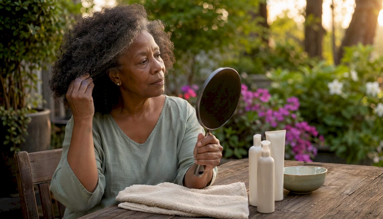 Woman examining hair and nails at salon