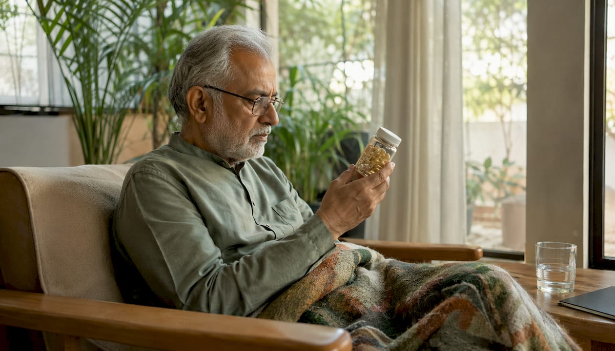 Elderly man examining vitamin D supplement bottle