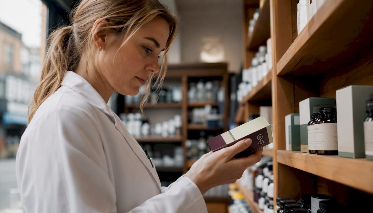 Pharmacist inspecting supplement packaging in UK pharmacy