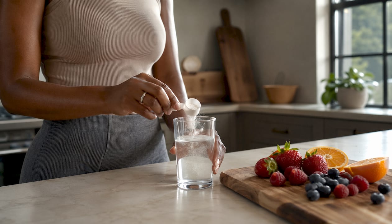 Hands mixing collagen powder drink