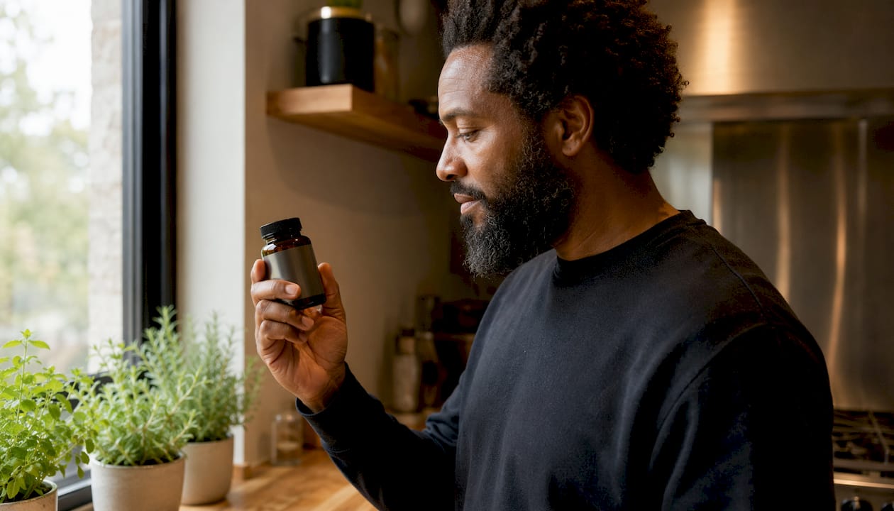 Man inspecting biotin supplement bottle in bathroom