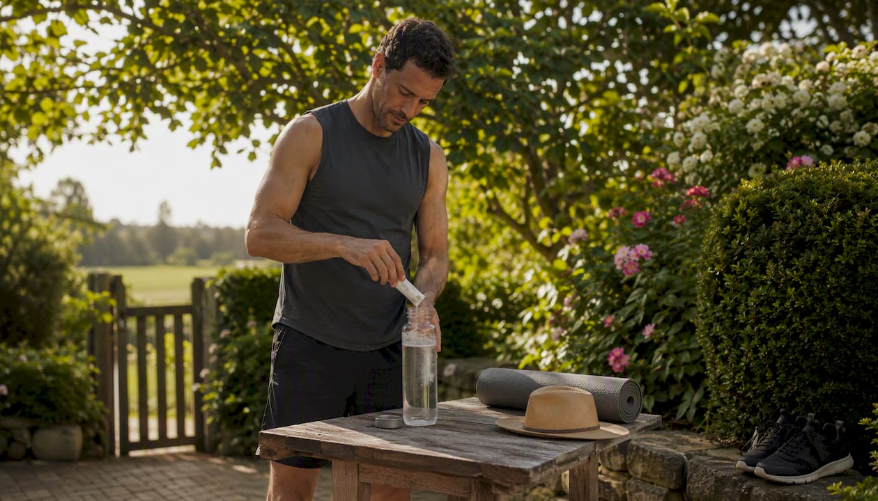 Hands pouring collagen powder into water bottle in gym