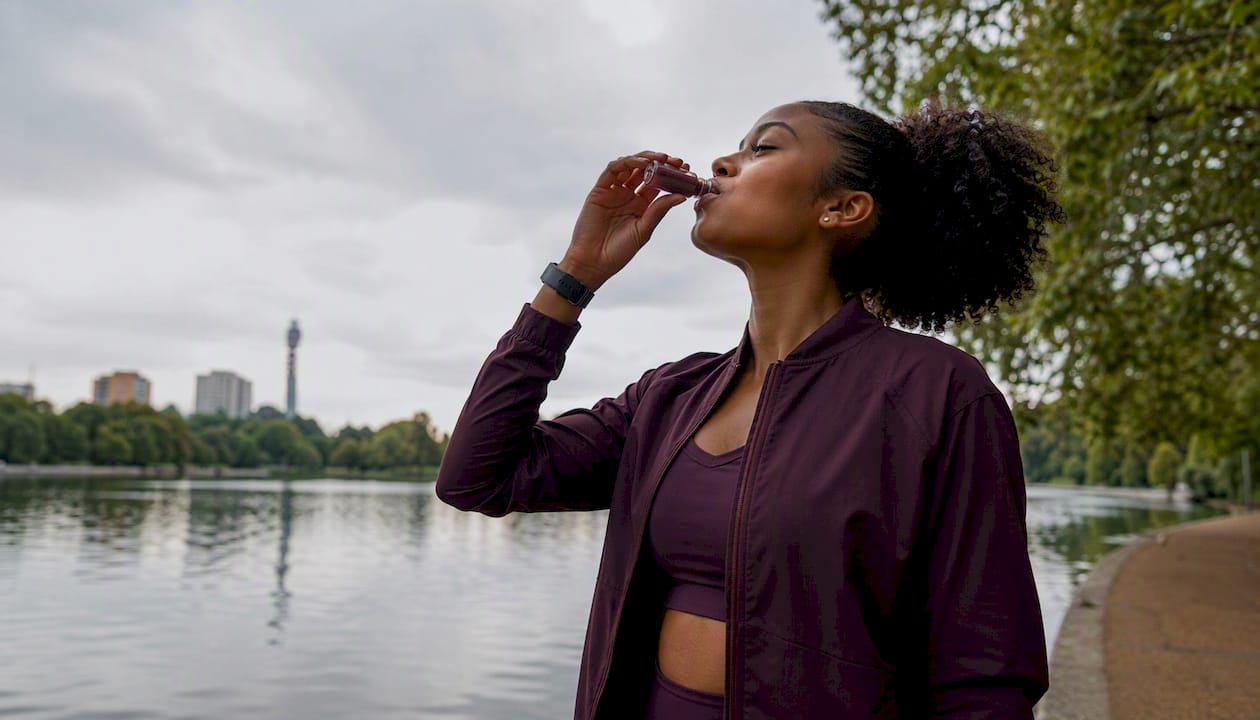 Side profile female athlete drinking collagen shot