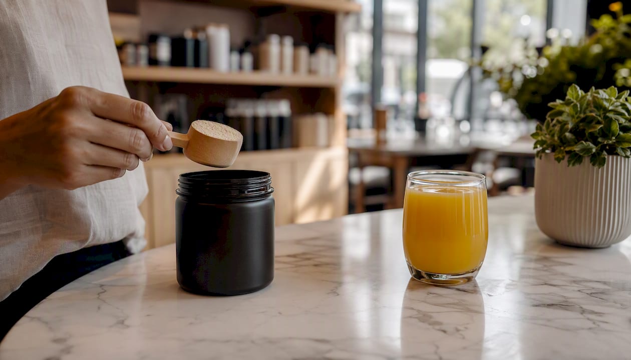 Hand scooping collagen powder near vitamin C
