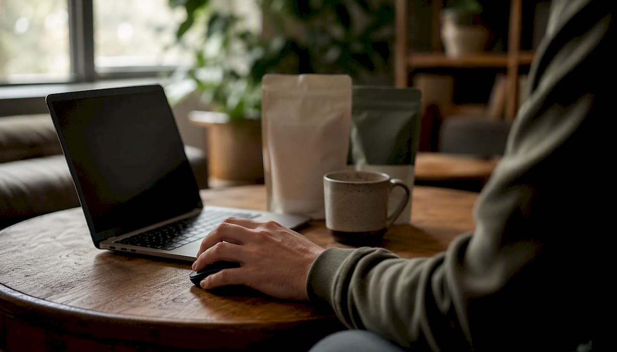 Hands using mouse next to laptop verifying supplement