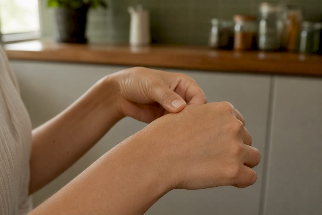 Hand pinching skin showing elasticity