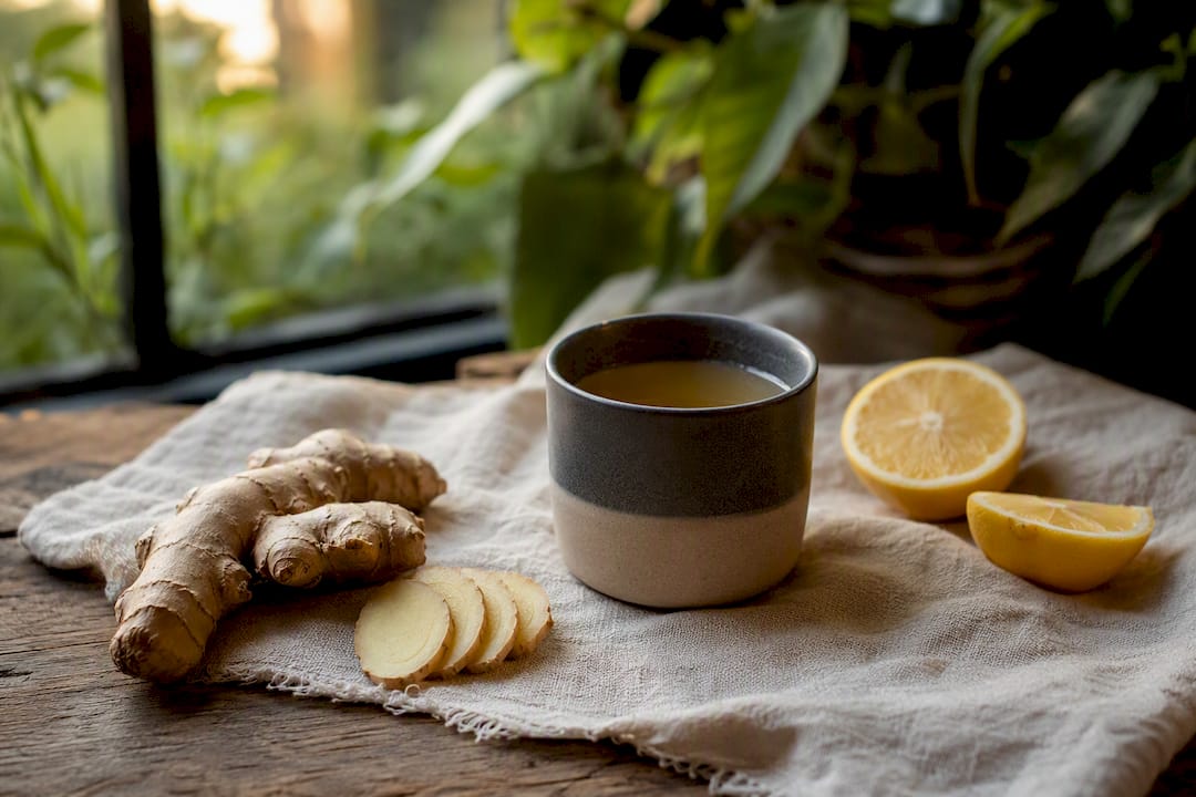 Fresh ginger, lemon, and herbal tea for digestion