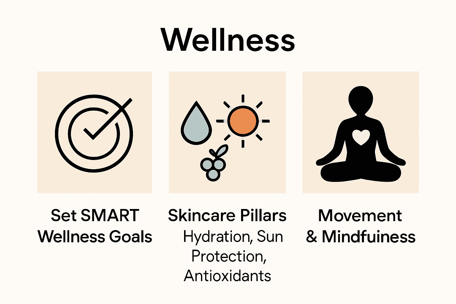 Infographic with icons showing wellness goals, skincare, and movement.