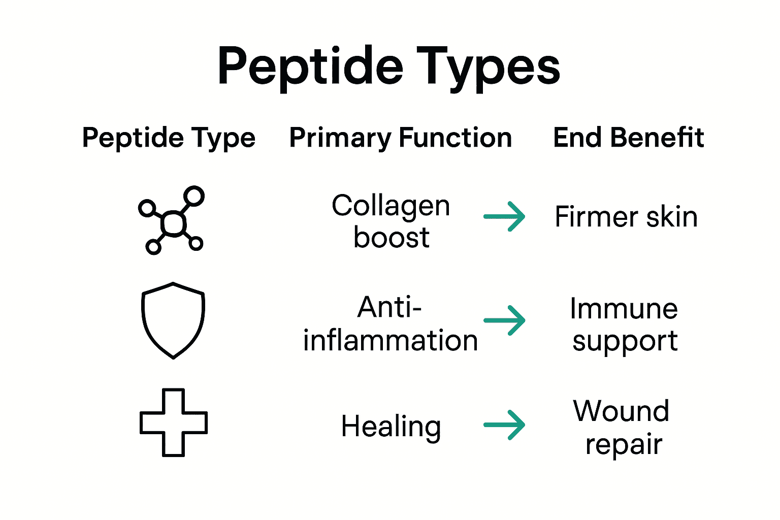 Infographic comparing peptide types and their skincare or health benefits