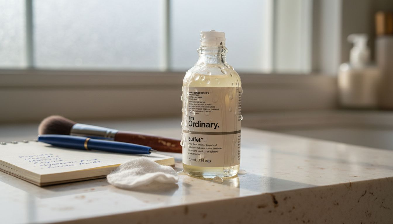 Close up Buffet Serum bottle and ingredients