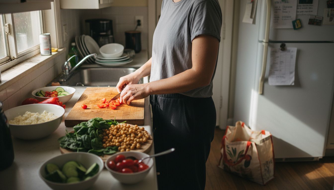 Woman making healthy salad at kitchen