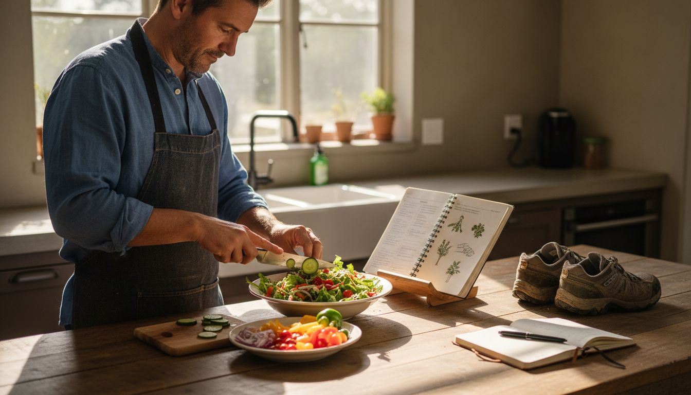Preparing healthy salad kitchen wellness setup