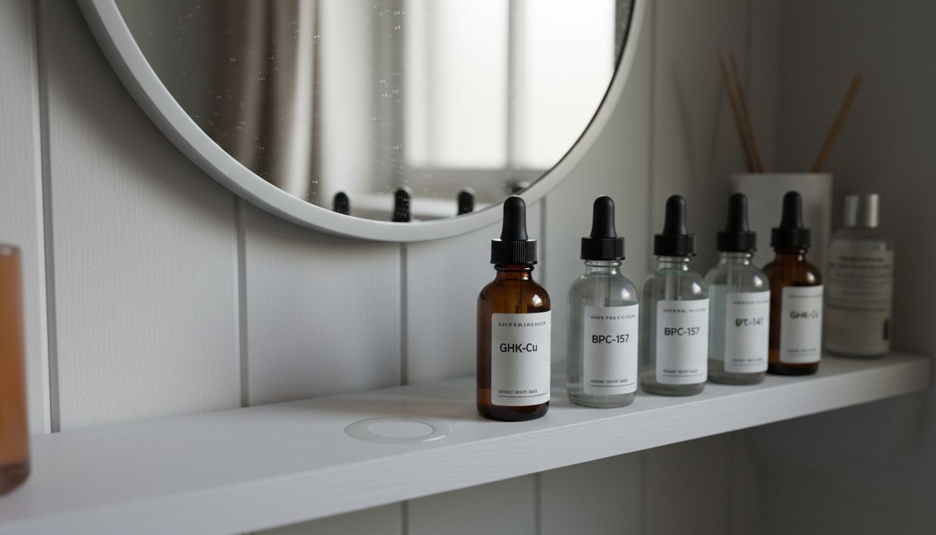 Peptide-labeled bottles arranged on shelf