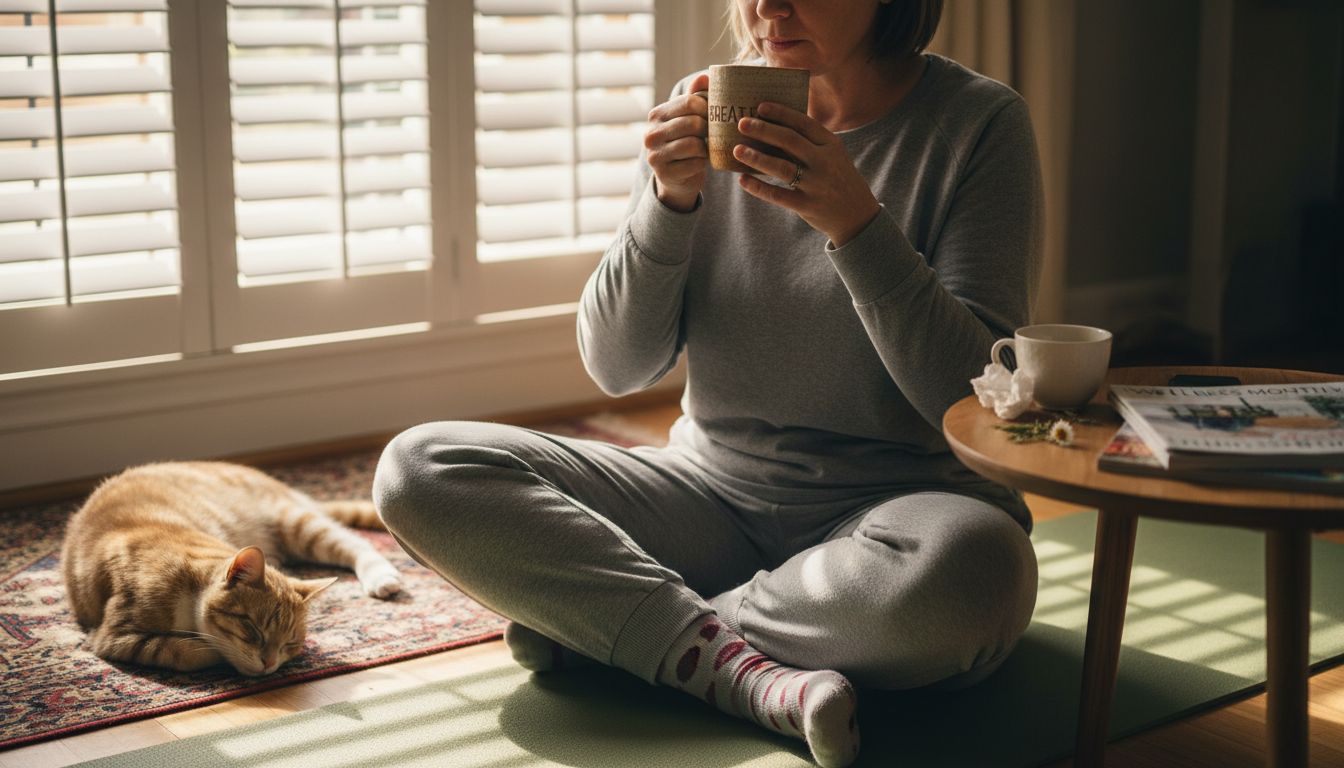 Woman enjoys tea after gentle yoga routine