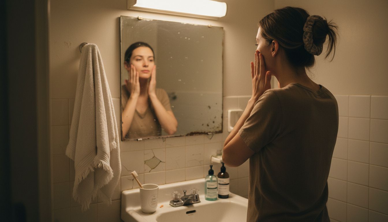 Woman doing evening skincare at bathroom sink
