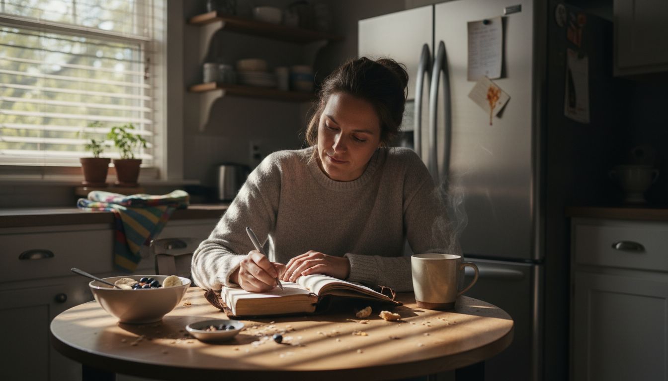 Woman journaling with healthy breakfast