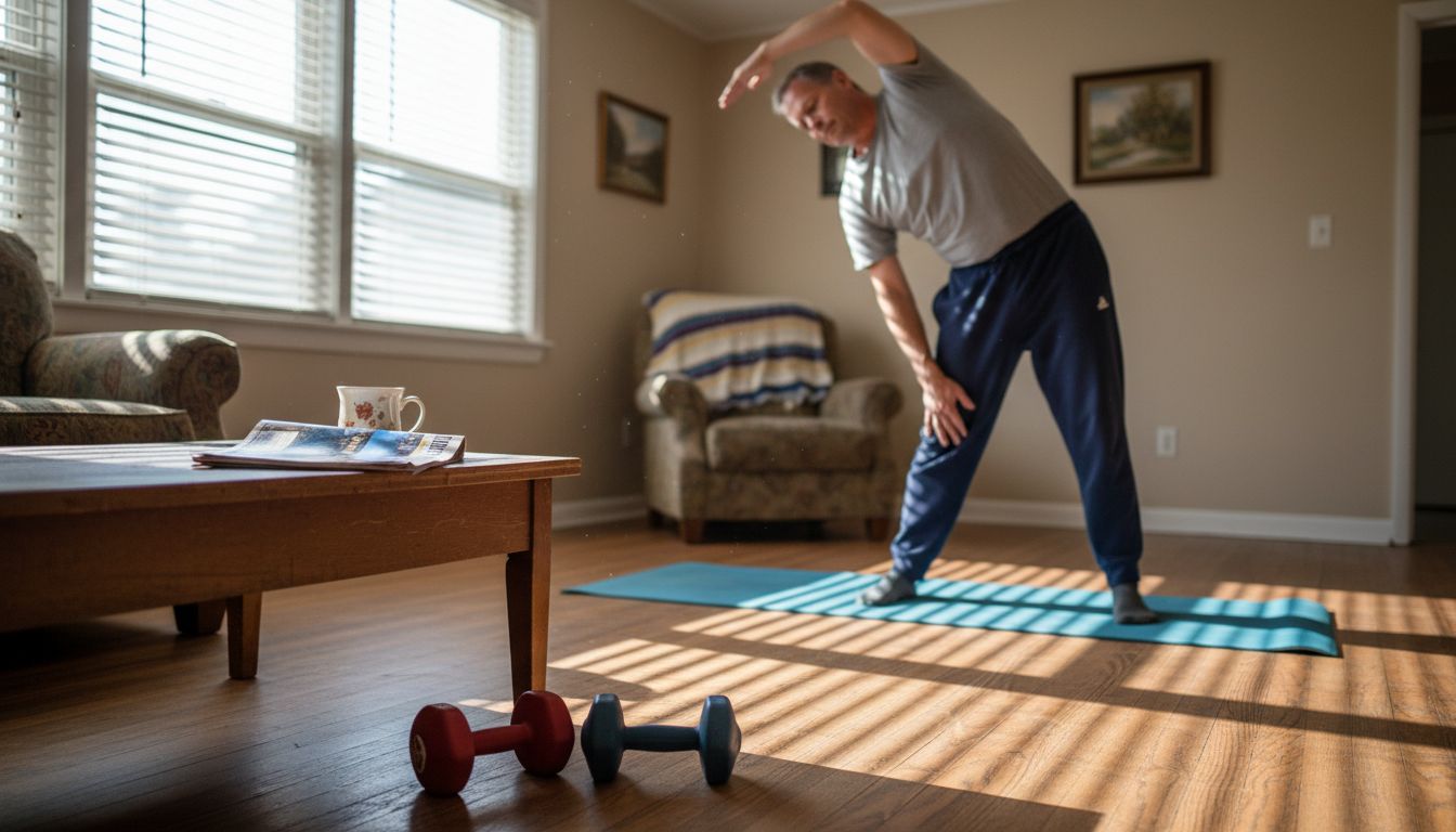 Man performing gentle side stretch at home
