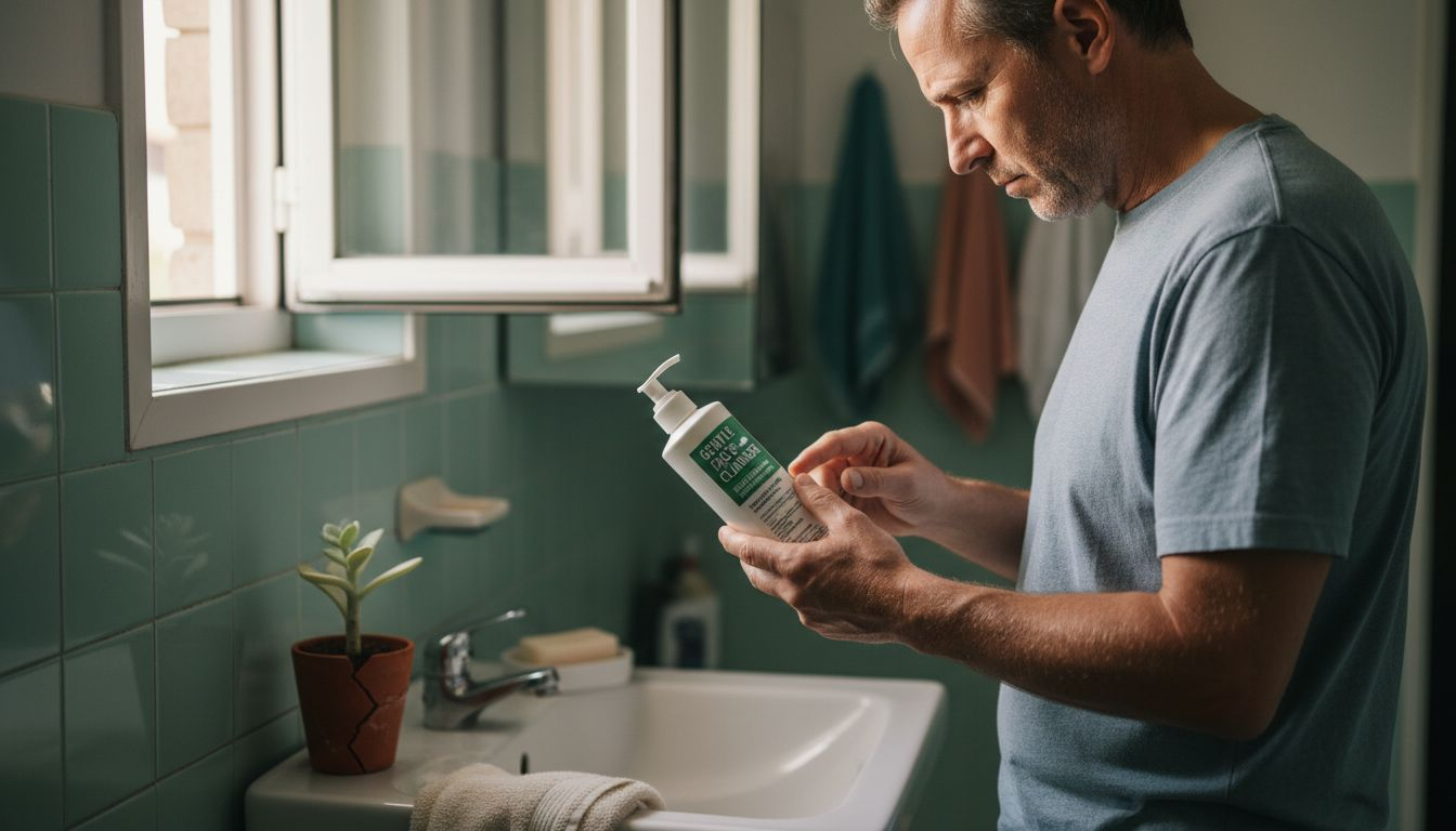 Man reads gentle cleanser label at sink
