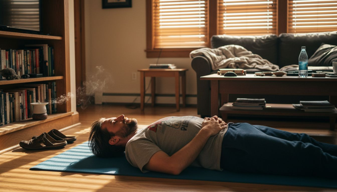 Man meditating in cluttered living room