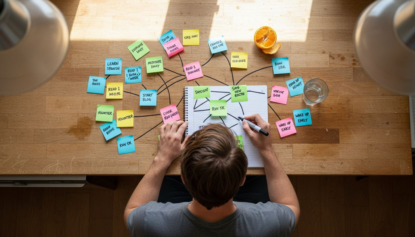 Person mapping wellness priorities with sticky notes