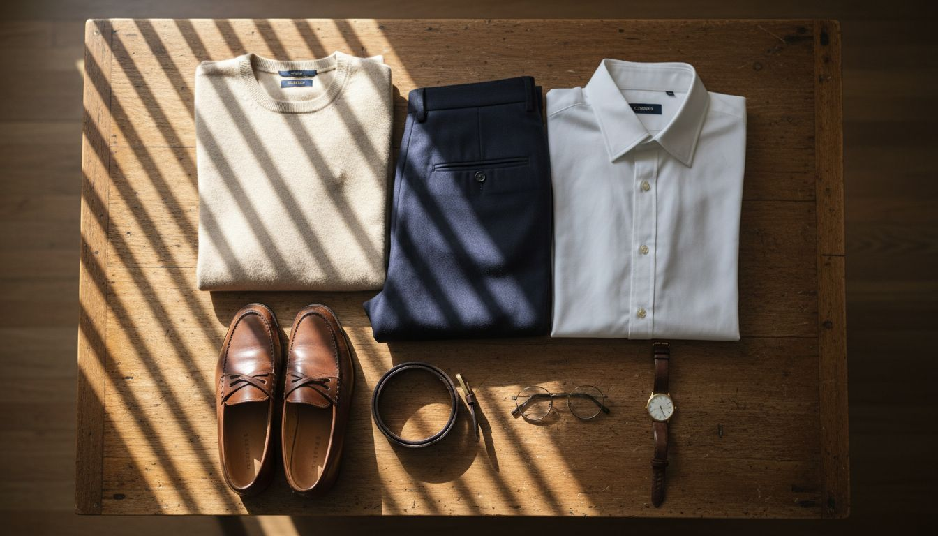 Flatlay of timeless fashion wardrobe staples