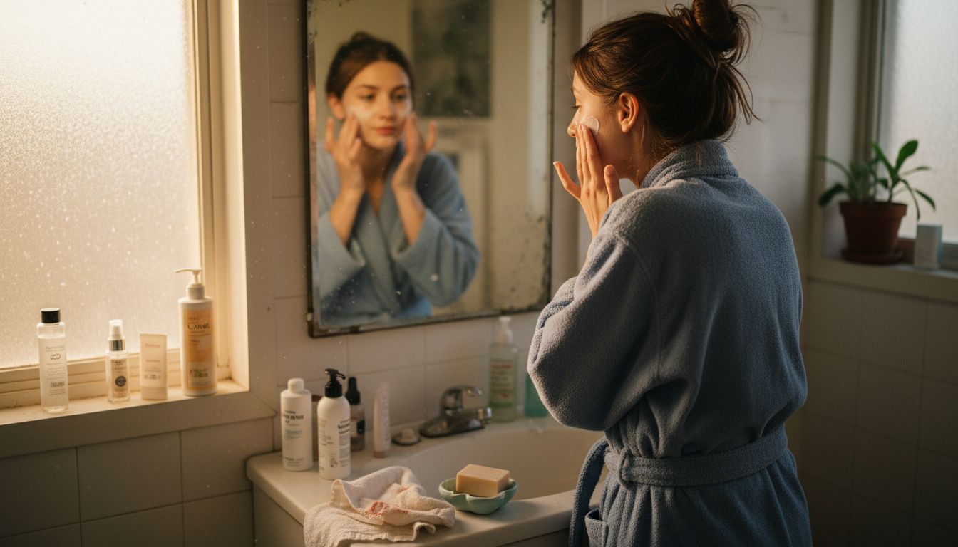 Woman practicing daily skincare ritual sunlight