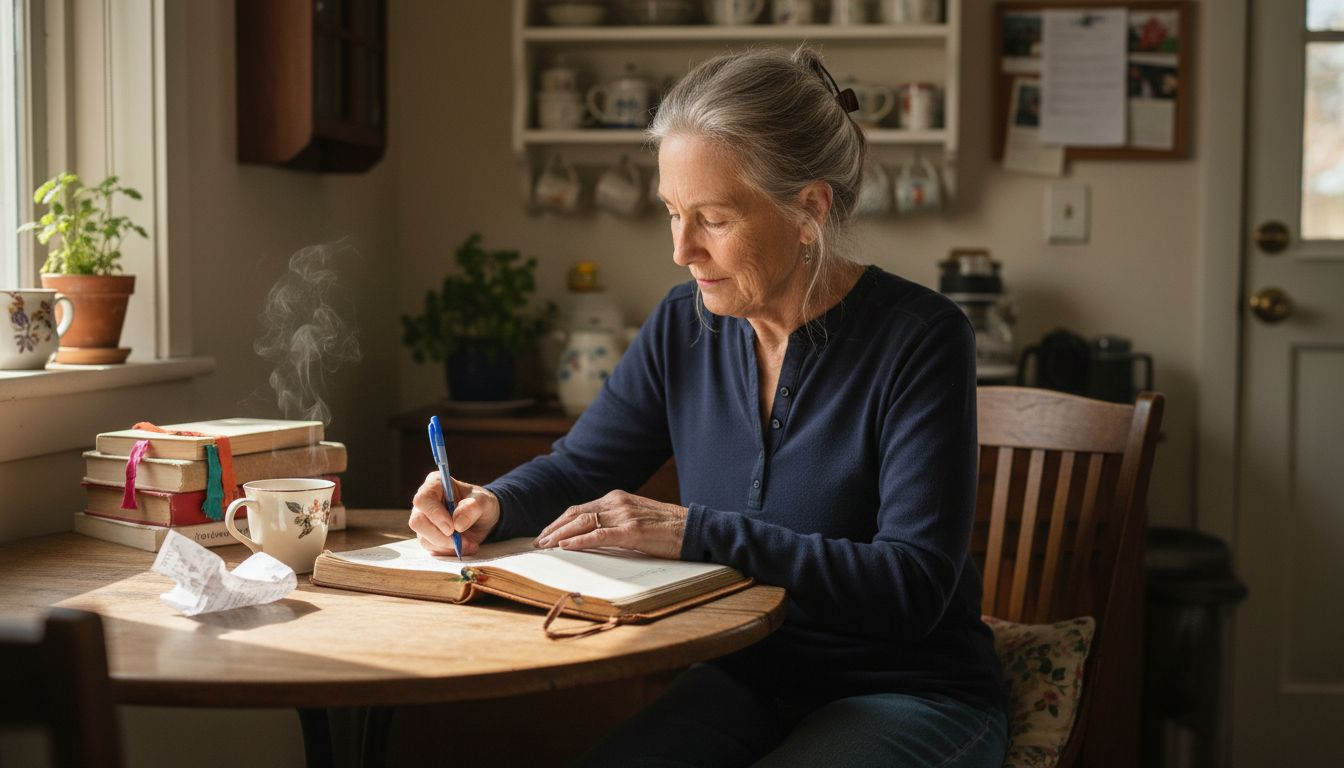 Older woman journaling at kitchen table