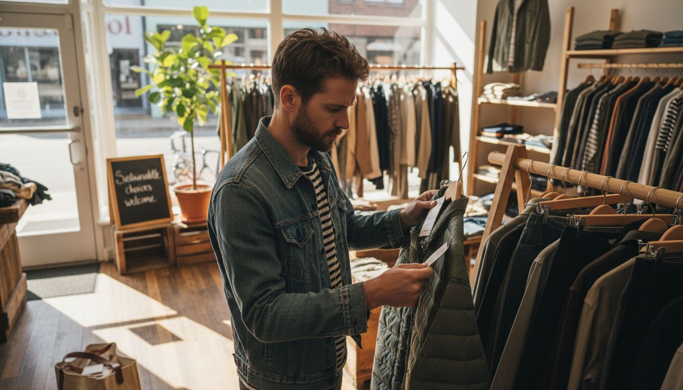 Man inspecting clothing tags in local shop