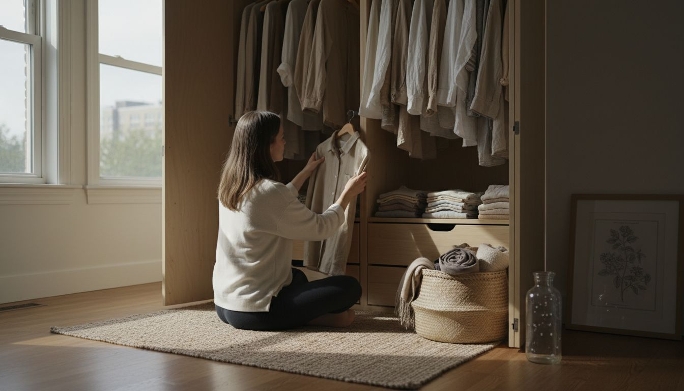 Woman building minimalist neutral wardrobe