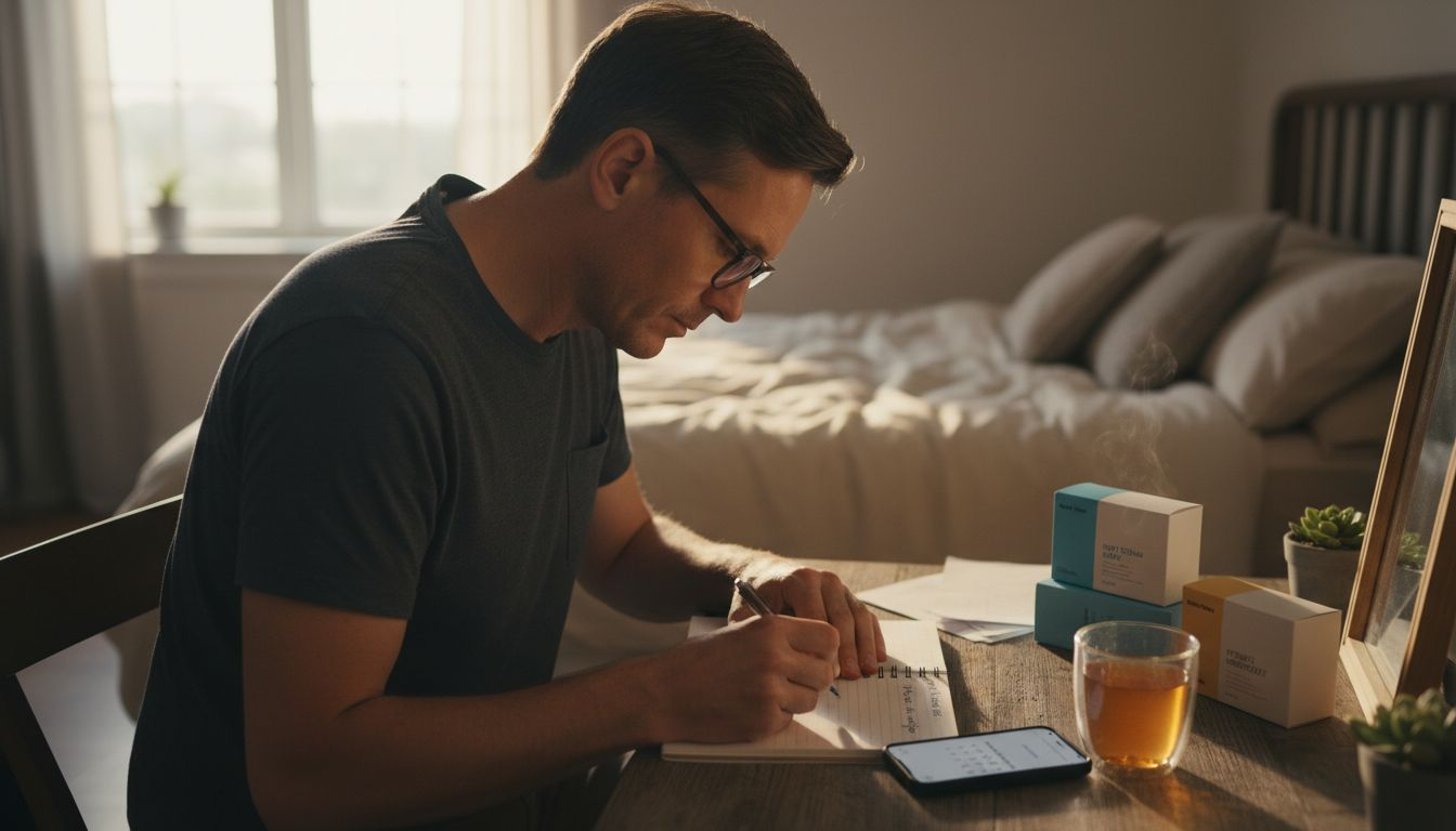 Man tracking skincare schedule at vanity