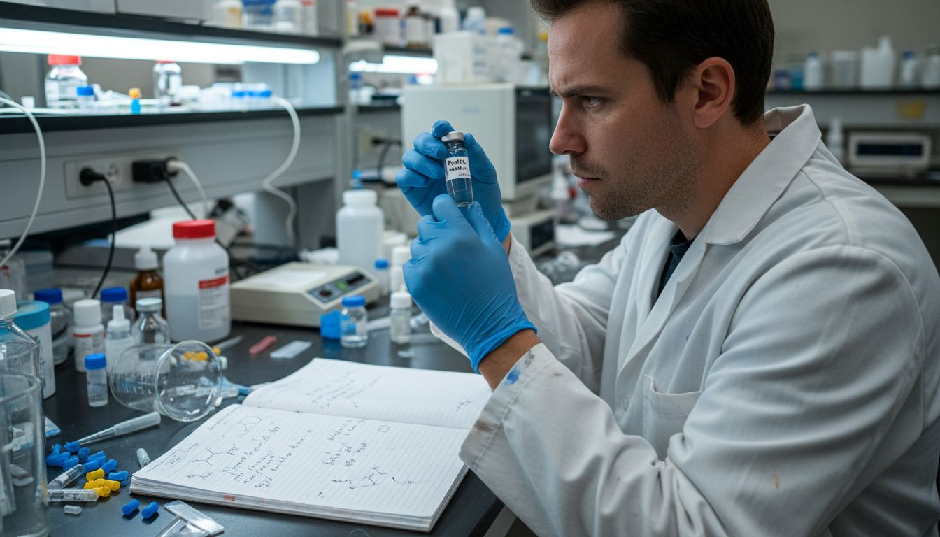 Scientist analyzing peptides in a busy lab